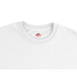 White t-shirt with a small red and black logo on the collar against a white background
