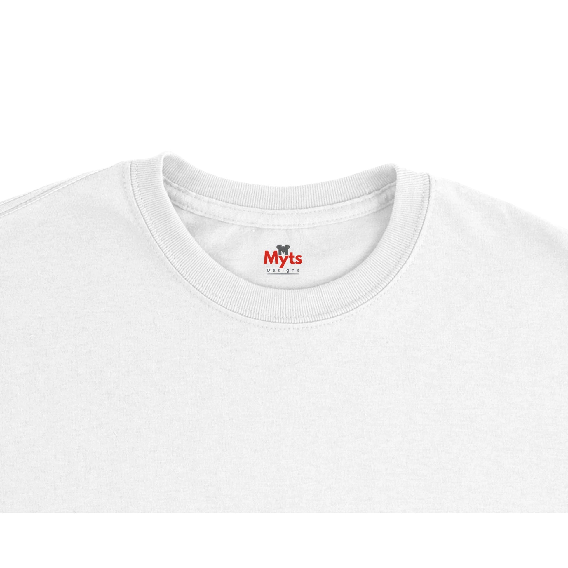 White t-shirt with a small red and black logo on the collar against a white background