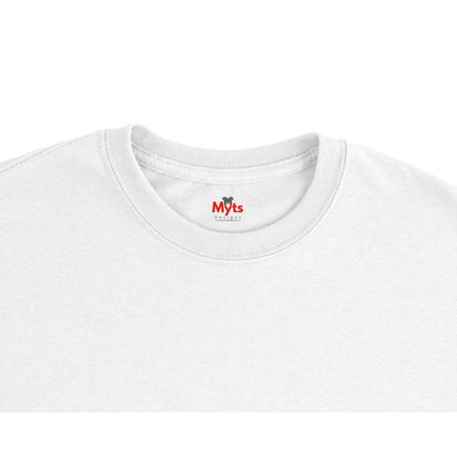 White t-shirt with a small red and black logo on the collar against a white background