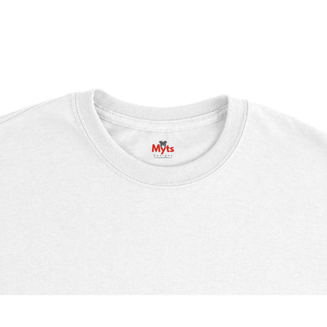 White t-shirt with a small red and black logo on the collar against a white background