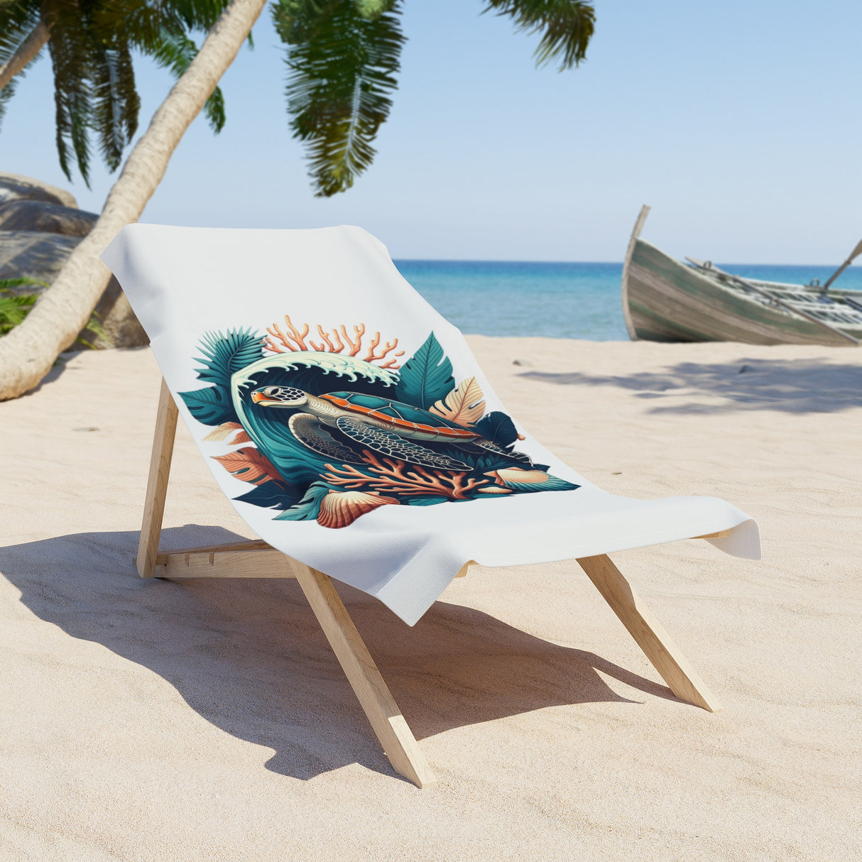 A white beach towel featuring a colorful tropical fish and coral graphic print, draped over a wooden lounge chair on a sandy beach with palm trees and the ocean in the background.