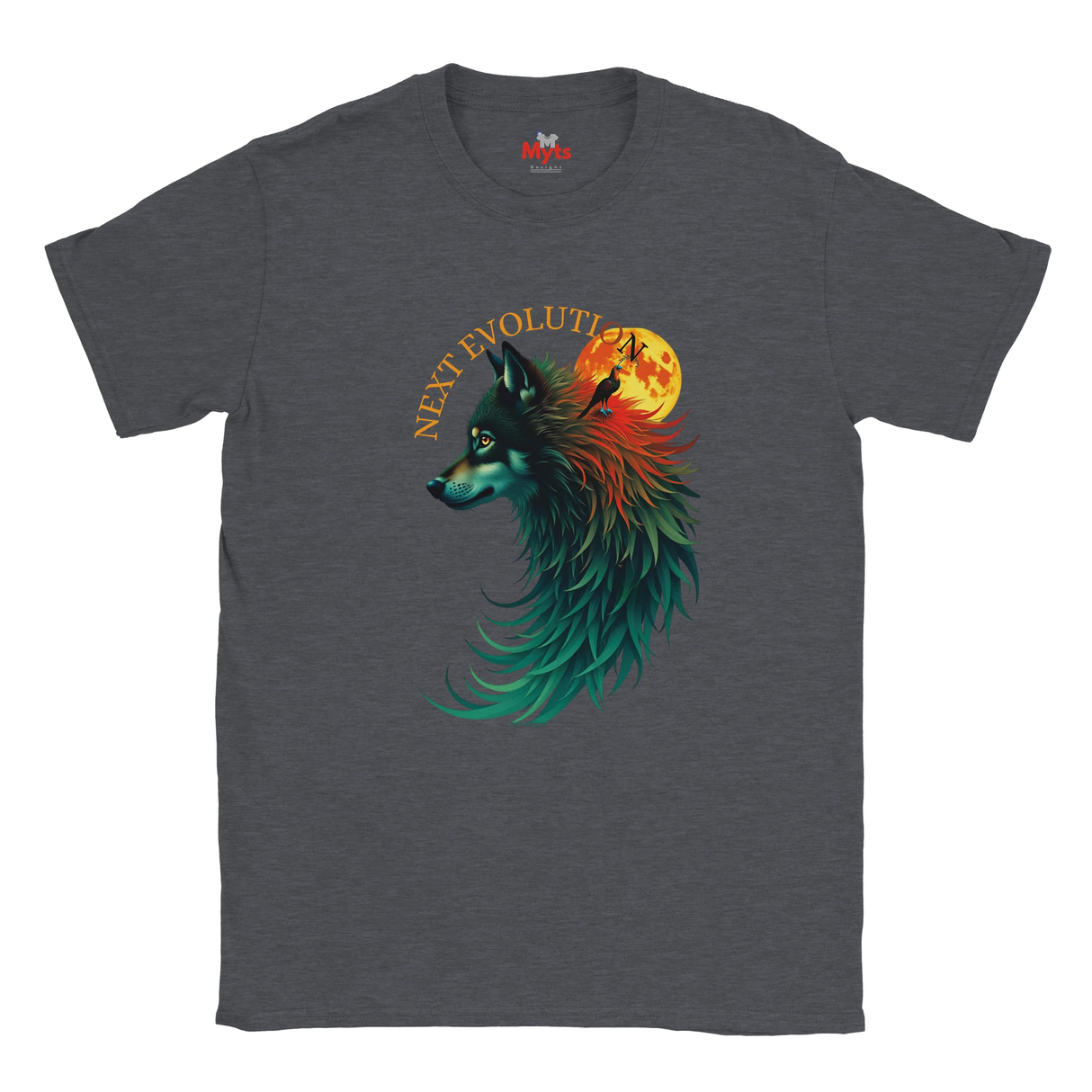 A dark heather gray t-shirt featuring a colorful graphic of a wolf's head in profile, with teal, red, and orange tones, a full moon, and the text 'NEXT EVOLUTION' arched above it.