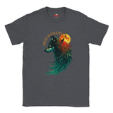 A dark heather gray t-shirt featuring a colorful graphic of a wolf's head in profile, with teal, red, and orange tones, a full moon, and the text 'NEXT EVOLUTION' arched above it.