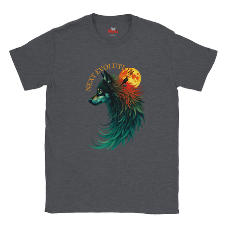 A dark heather gray t-shirt featuring a colorful graphic of a wolf's head in profile, with teal, red, and orange tones, a full moon, and the text 'NEXT EVOLUTION' arched above it.
