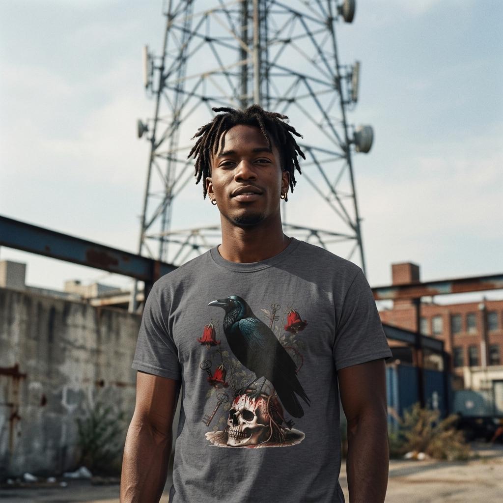 A man wearing a dark gray graphic t-shirt with a raven and skull print, standing in an urban outdoor setting with an industrial electricity tower in the background.