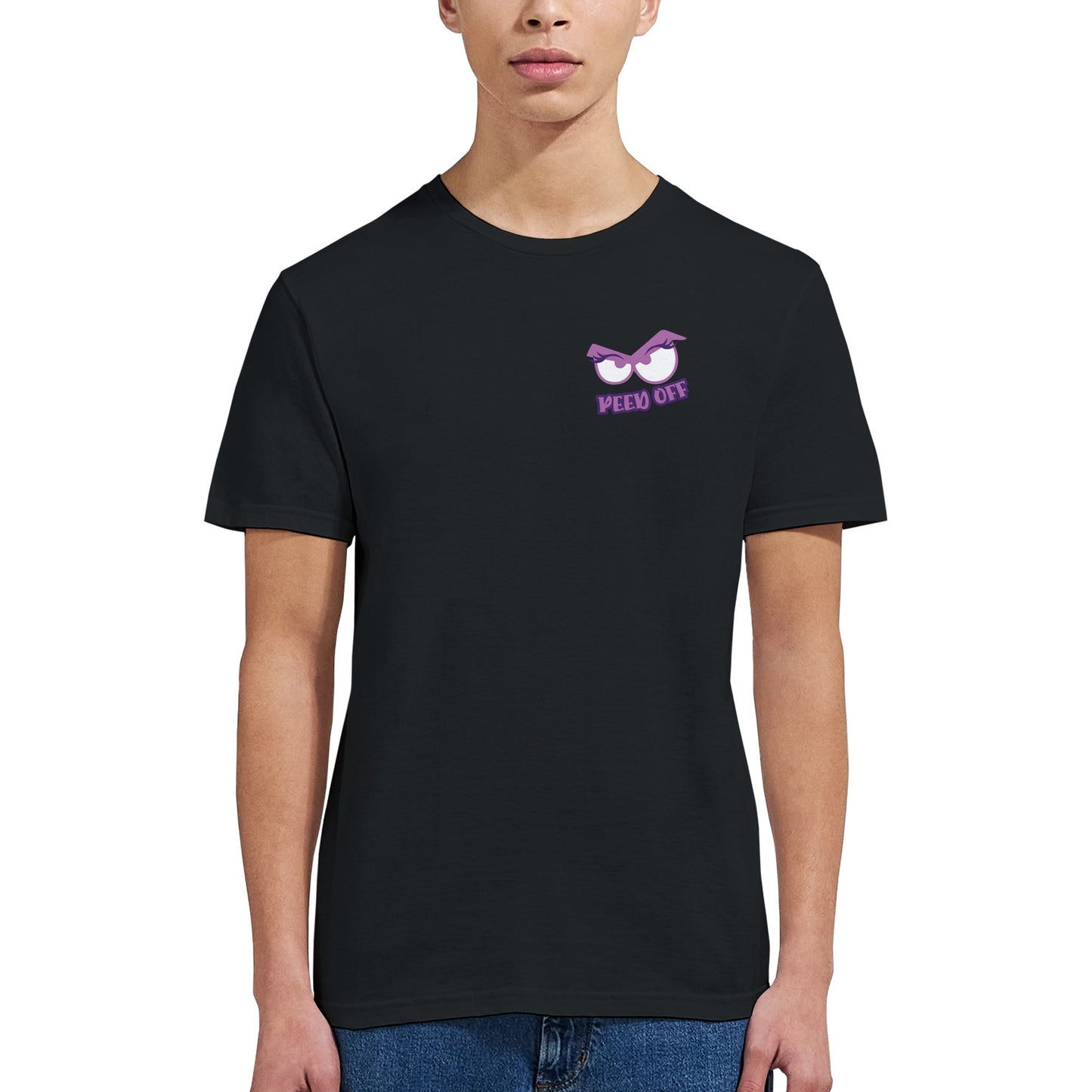 Person wearing a black t-shirt with a logo and text on a white background