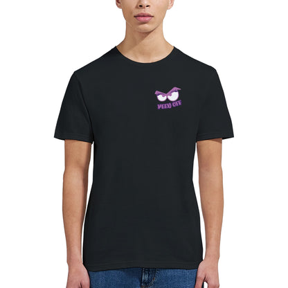 Person wearing a black t-shirt with a logo and text on a white background