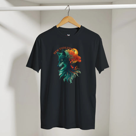 A black short-sleeve t-shirt hanging on a wooden hanger against a light gray wall. The shirt features a colorful graphic of a wolf's head in teal and green tones, with a fiery orange and yellow sunburst and the words 'NEW EVOLUTION' above it.
