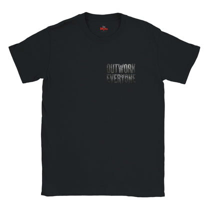 Black t-shirt with 'OUTWORK EVERYONE' text on a white background