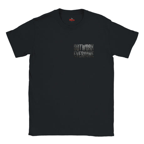 Black t-shirt with 'OUTWORK EVERYONE' text on a white background