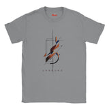 A gray short-sleeve crewneck t-shirt featuring a central abstract graphic with geometric shapes in orange, navy, black, and white, and the word 'UNBOUND' printed below. The brand name 'Mylt' is visible in red on the inside neck label.