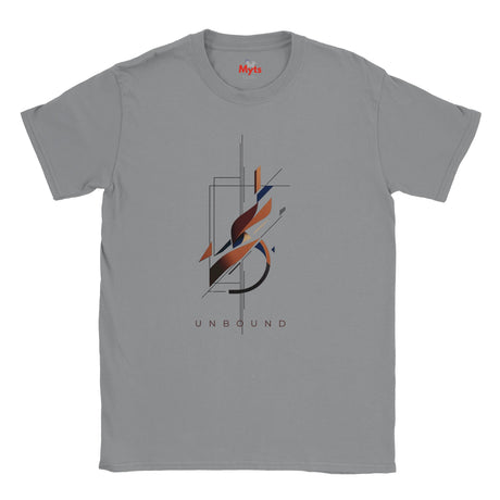 A gray short-sleeve crewneck t-shirt featuring a central abstract graphic with geometric shapes in orange, navy, black, and white, and the word 'UNBOUND' printed below. The brand name 'Mylt' is visible in red on the inside neck label.