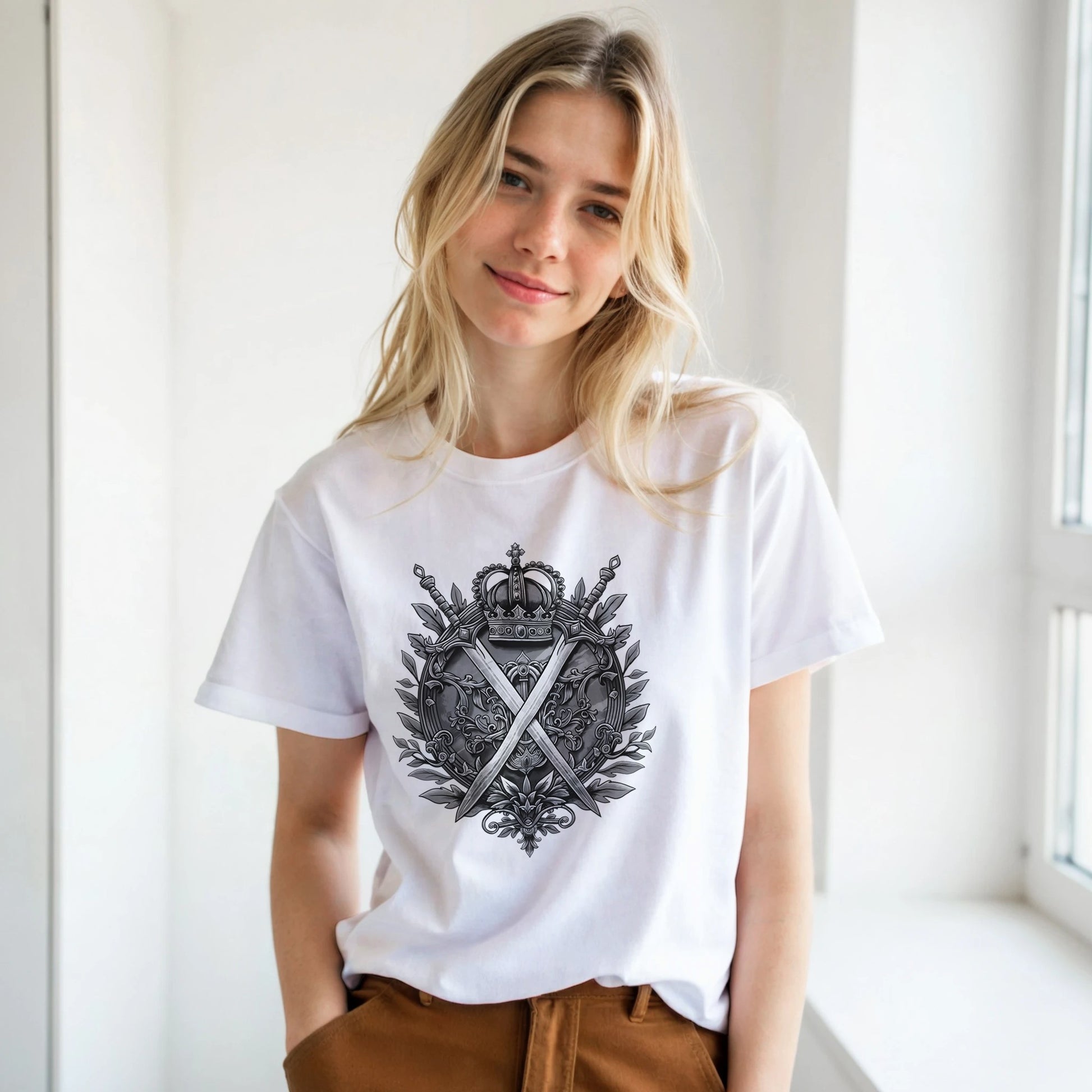 Woman wearing a white t-shirt with a black graphic design in a bright room.