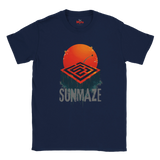 Navy blue t-shirt with 'Sunmaze' design featuring an orange sun and geometric pattern on a white background.