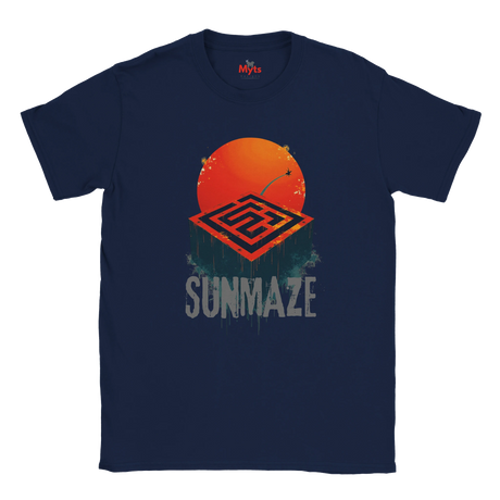 Navy blue t-shirt with 'Sunmaze' design featuring an orange sun and geometric pattern on a white background.