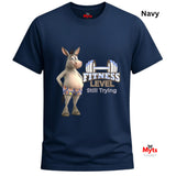 Navy blue unisex workout humour T-shirt with cartoon donkey and Fitness Level Still Trying front print.
