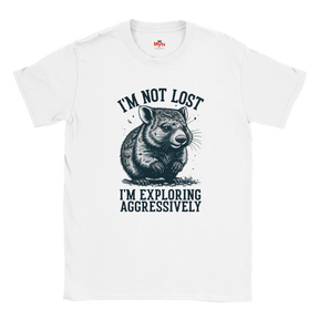 White t-shirt with a Wombat graphic and text on a white background