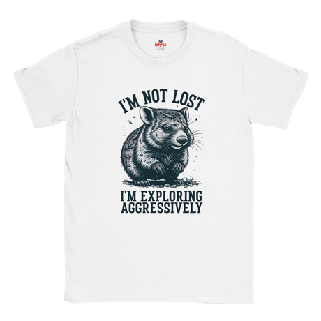 White t-shirt with a Wombat graphic and text on a white background