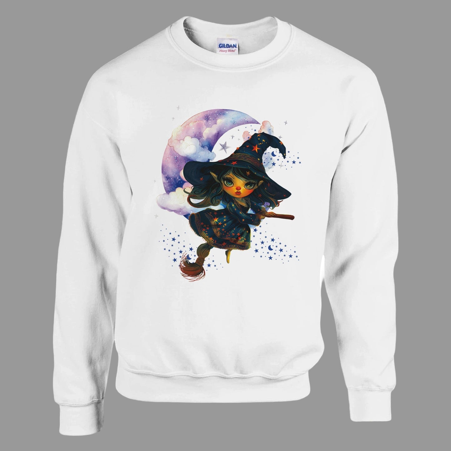 White sweatshirt with a witch design on a white background