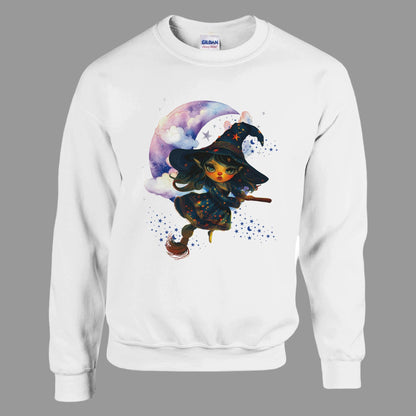 White sweatshirt with a witch design on a white background