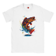 White t-shirt with a colorful fish graphic on a white background