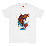 White t-shirt with a colorful fish graphic on a white background