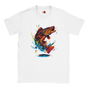 White t-shirt with a colorful fish graphic on a white background
