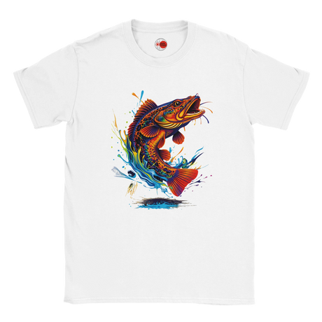 White t-shirt with a colorful fish graphic on a white background