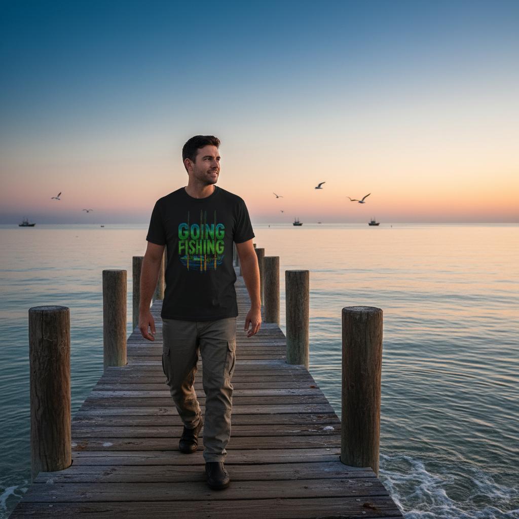 A man walking on a dock at sunset, wearing a 'Going Fishing' t-shirt.