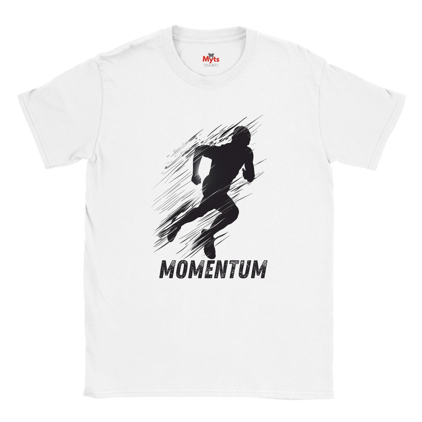 White t-shirt with black graphic of a running person and 'Momentum' text on a white background