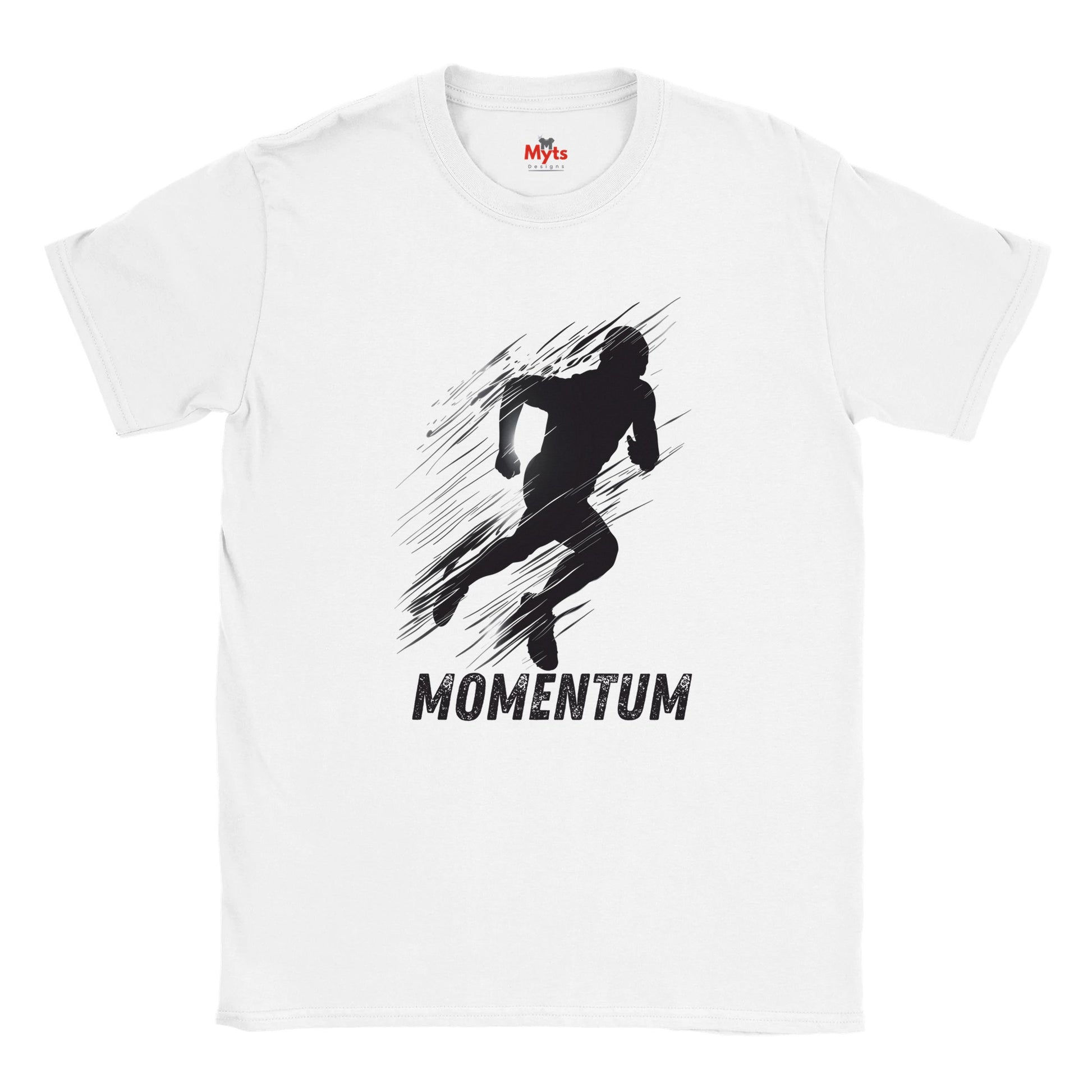White t-shirt with black graphic of a running person and 'Momentum' text on a white background