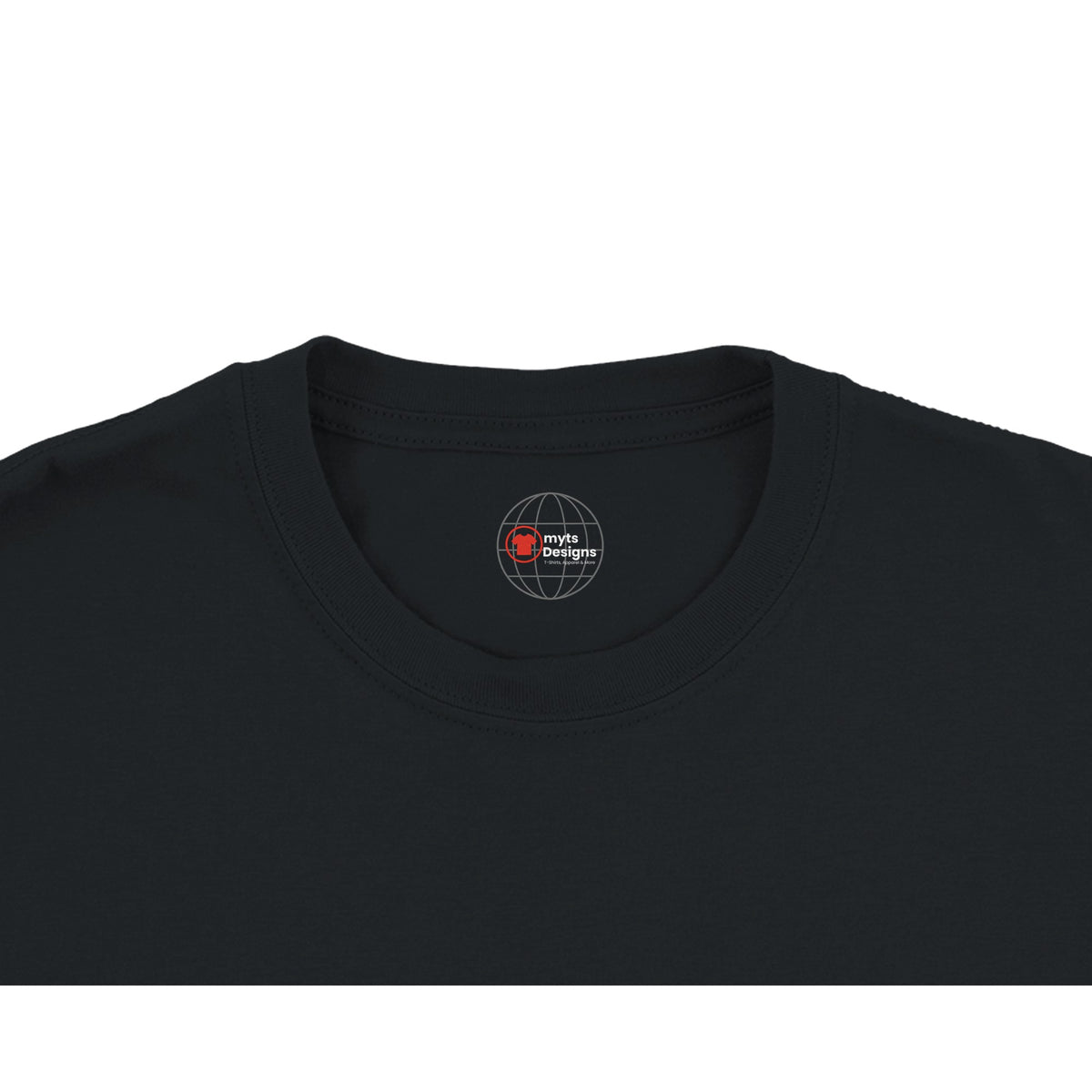 Black t-shirt with a logo on the collar against a white background