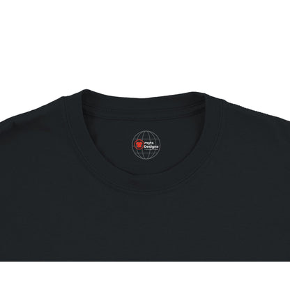 Black t-shirt with a logo on the collar against a white background