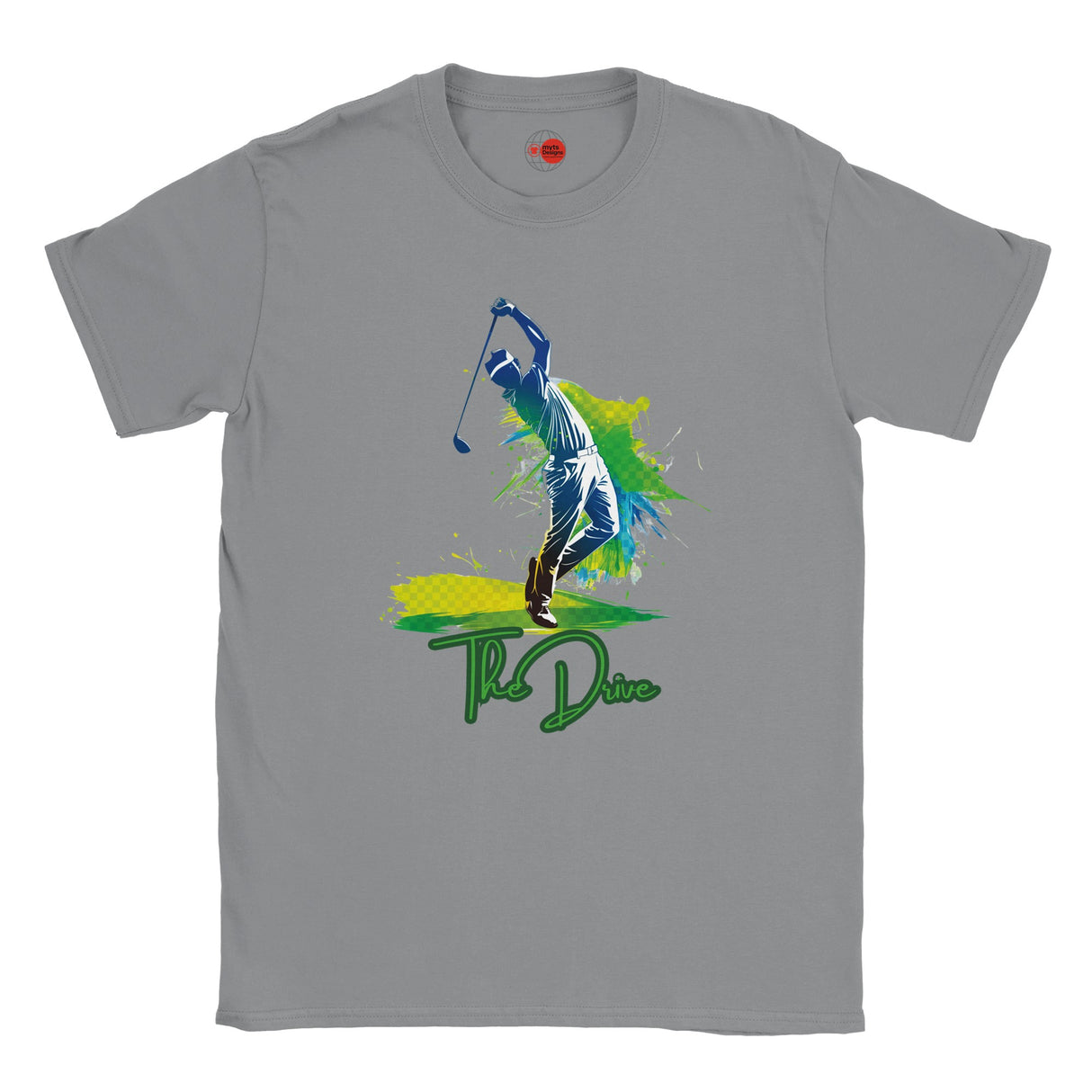 Gray t-shirt with a graphic of a golfer and 'The Drive' text on a white background