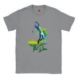 Gray t-shirt with a graphic of a golfer and 'The Drive' text on a white background