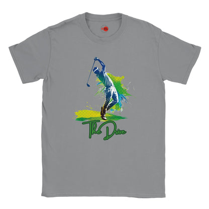 Gray t-shirt with a graphic of a golfer and 'The Drive' text on a white background