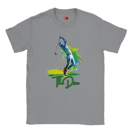 Gray t-shirt with a graphic of a golfer and 'The Drive' text on a white background