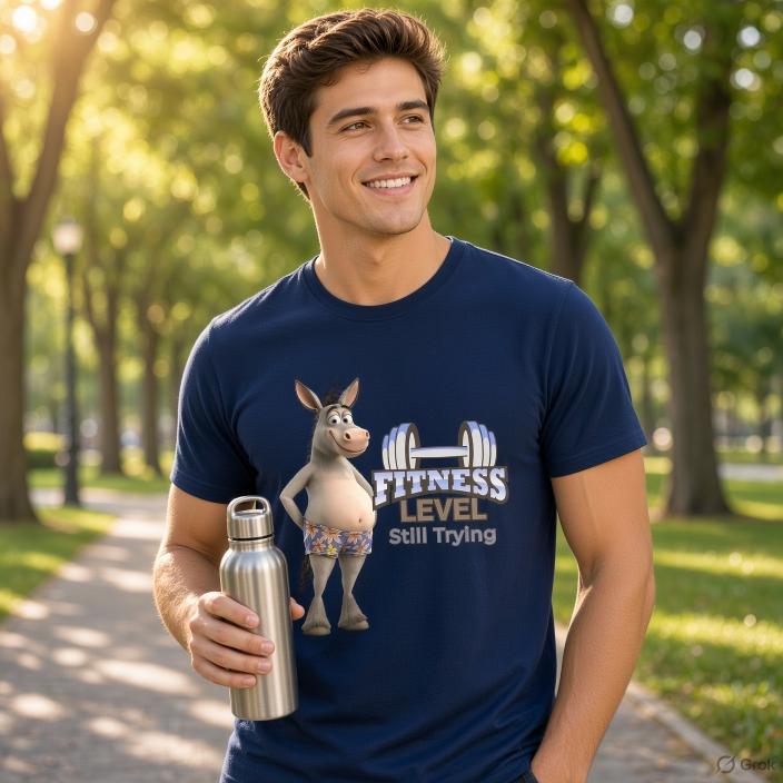 Smiling man outdoors wearing a Navy funny fitness donkey T-shirt while holding a metal water bottle.