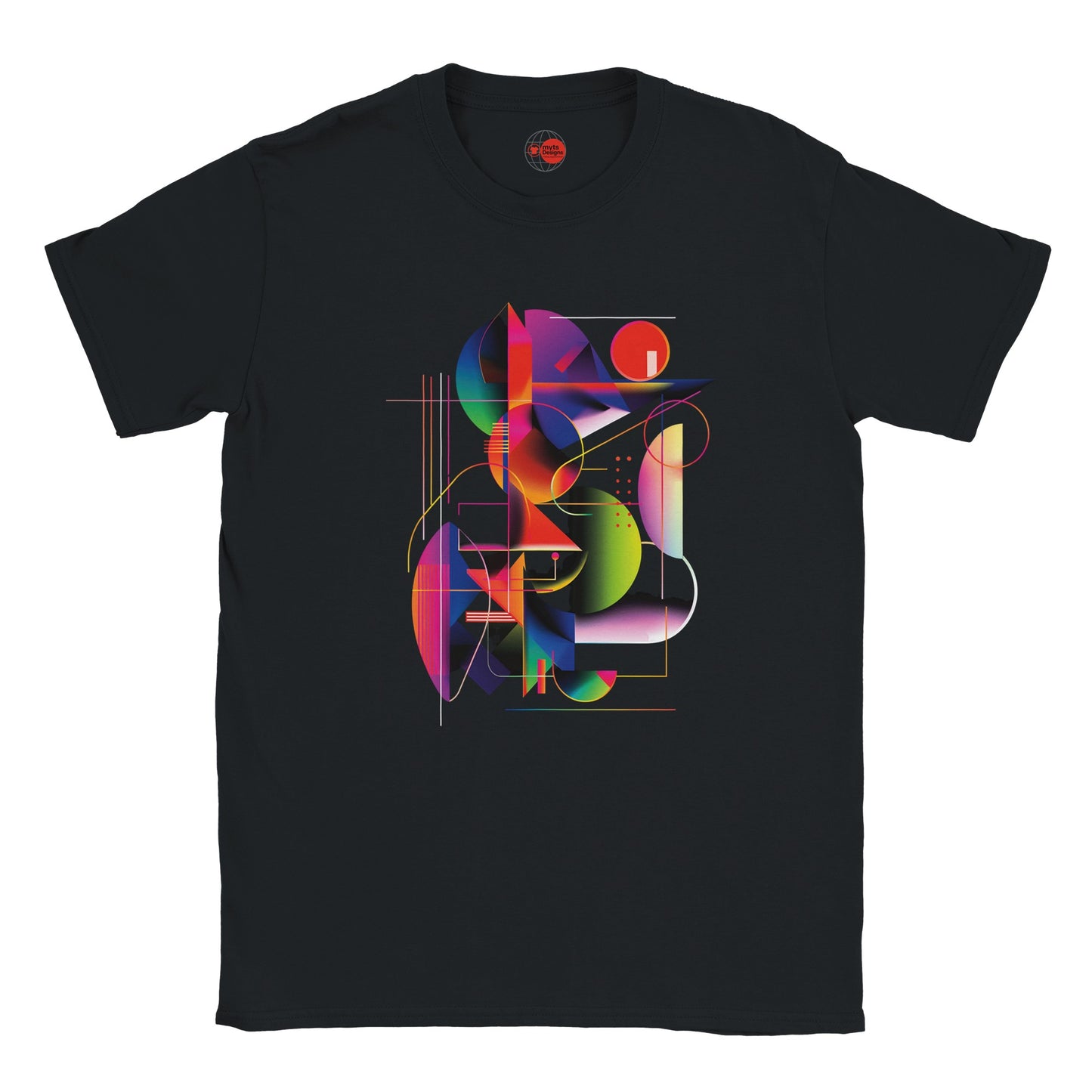 Black t-shirt with a colorful geometric design on a white background
