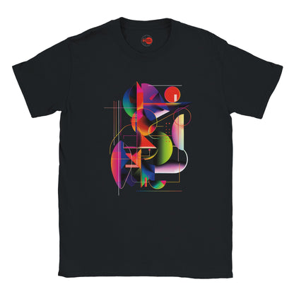 Black t-shirt with a colorful geometric design on a white background