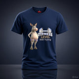 Navy blue unisex workout humour T-shirt with cartoon donkey and Fitness Level Still Trying front print.