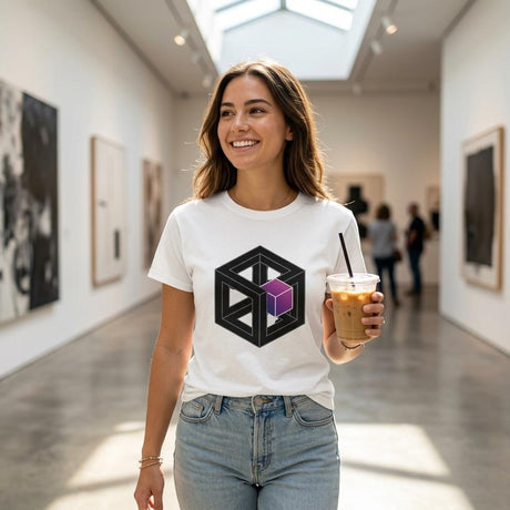 Woman in a white t-shirt with a geometric design holding a drink in an art gallery.