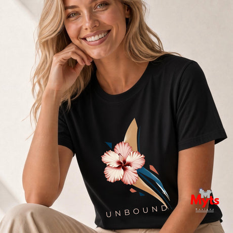A woman modelling a Black UNBOUND hibiscus floral T-shirt against a neutral studio background.