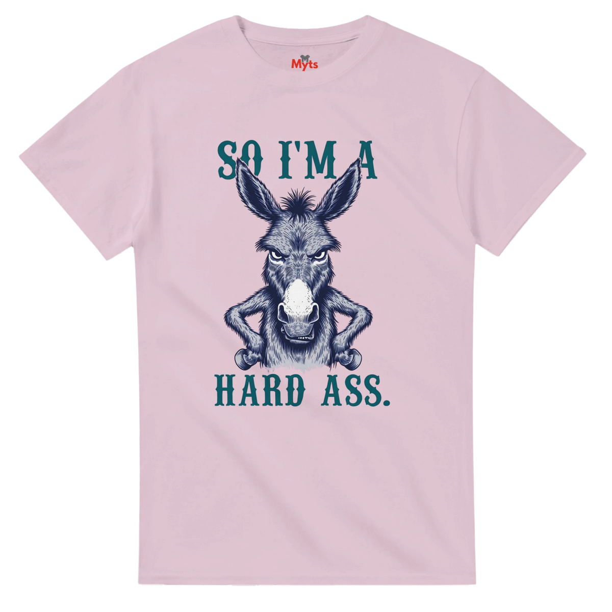 Pink t-shirt with a donkey graphic and text on a white background