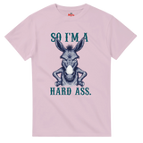 Pink t-shirt with a donkey graphic and text on a white background