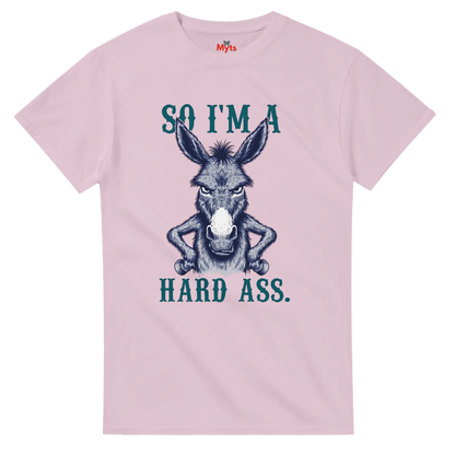Pink t-shirt with a donkey graphic and text on a white background