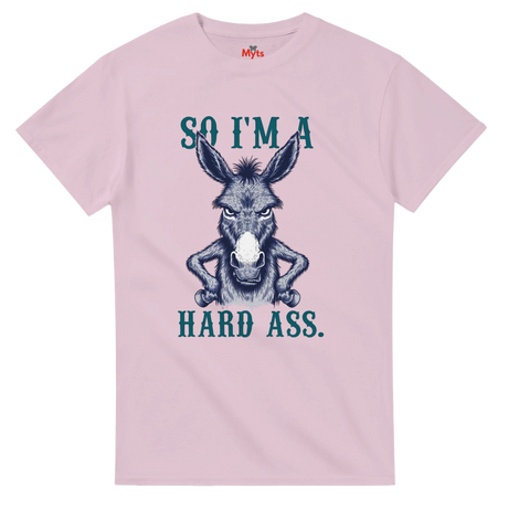 Pink t-shirt with a donkey graphic and text on a white background