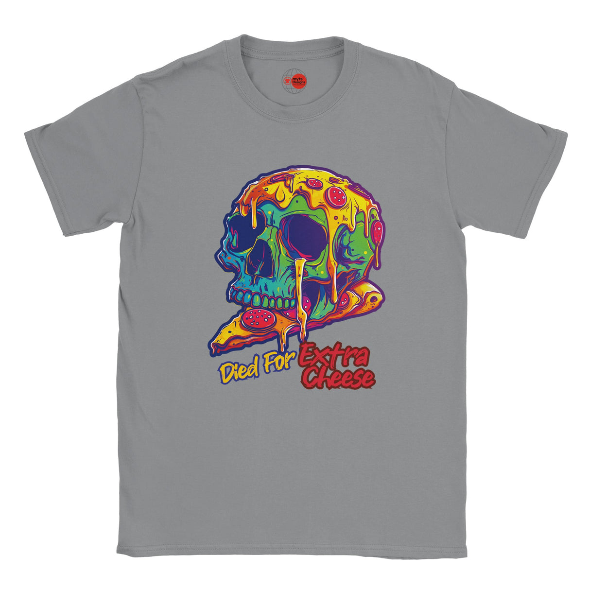 Gray t-shirt with a colorful skull design and text on a white background