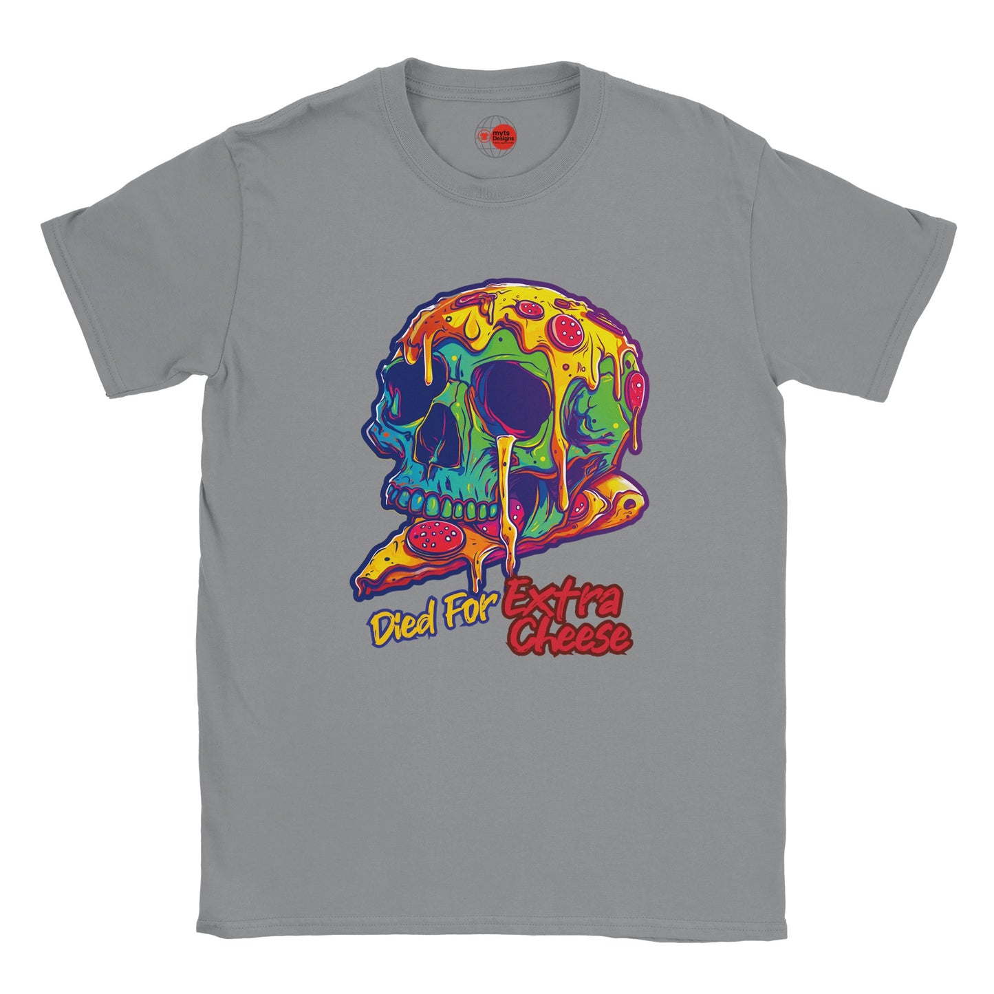 Gray t-shirt with a colorful skull design and text on a white background