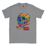 Gray t-shirt with a colorful skull design and text on a white background